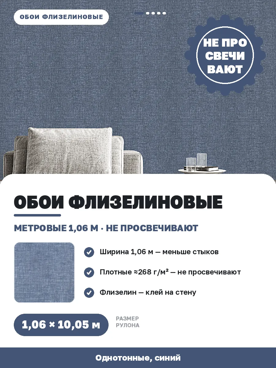 Обои флизелиновые метровые однотонные под рогожку, синие